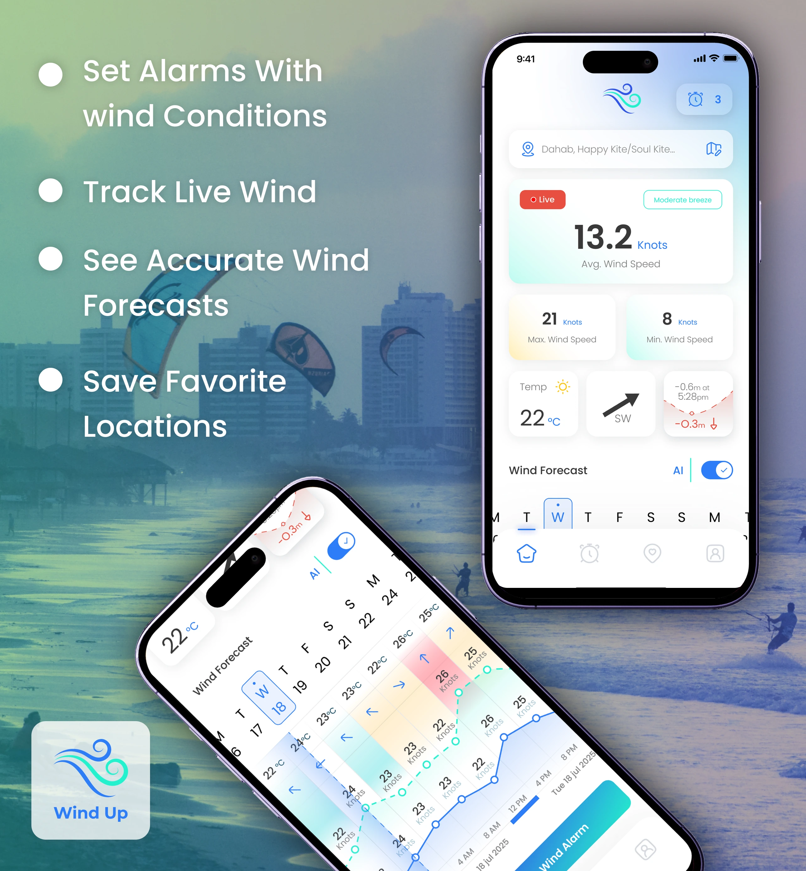 WindUp app displaying live wind conditions on an iPhone.