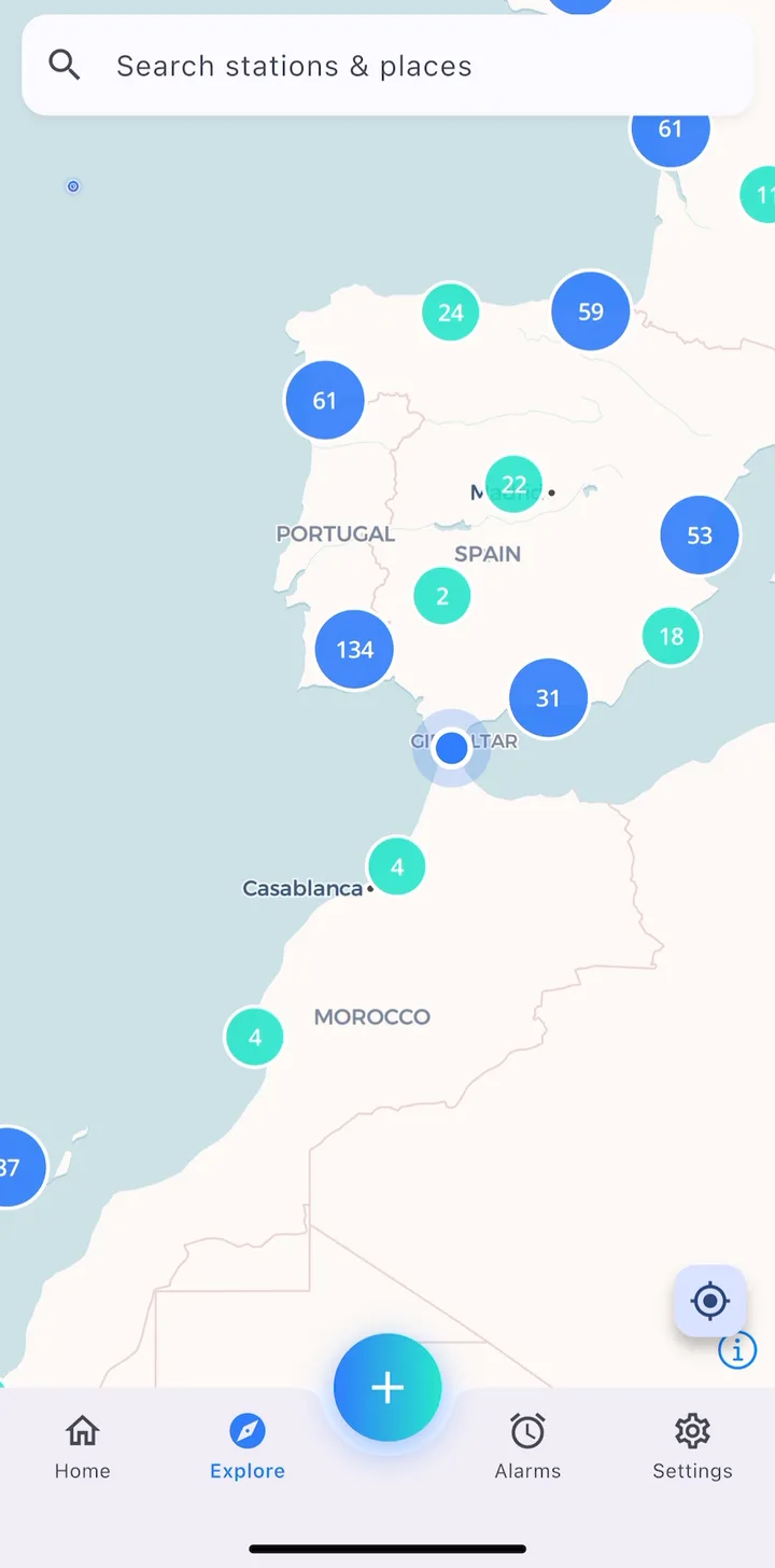 WindUp Explore map showing live wind stations across a region