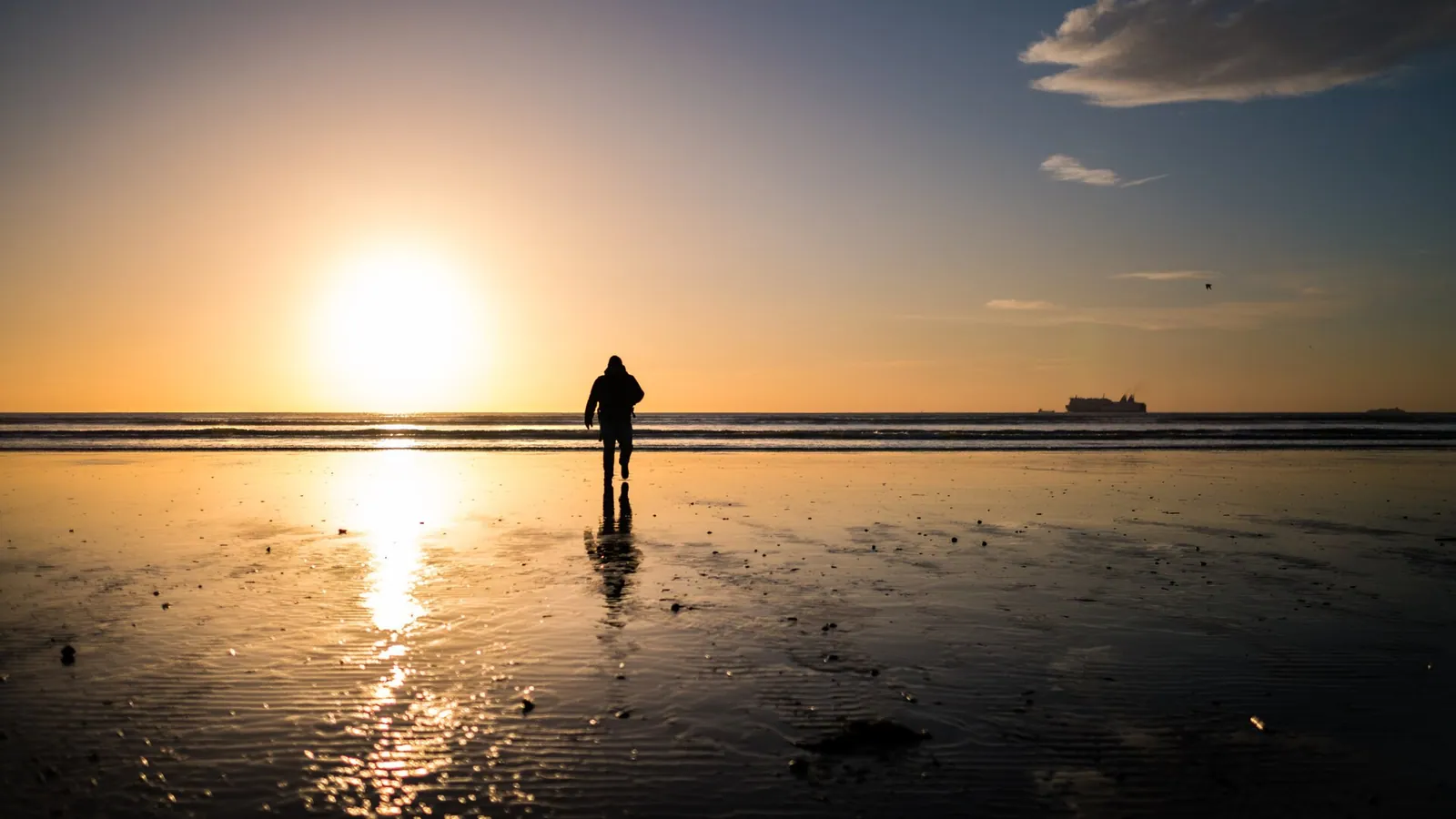 A lone figure on the beach at sunrise, before the wind fills in