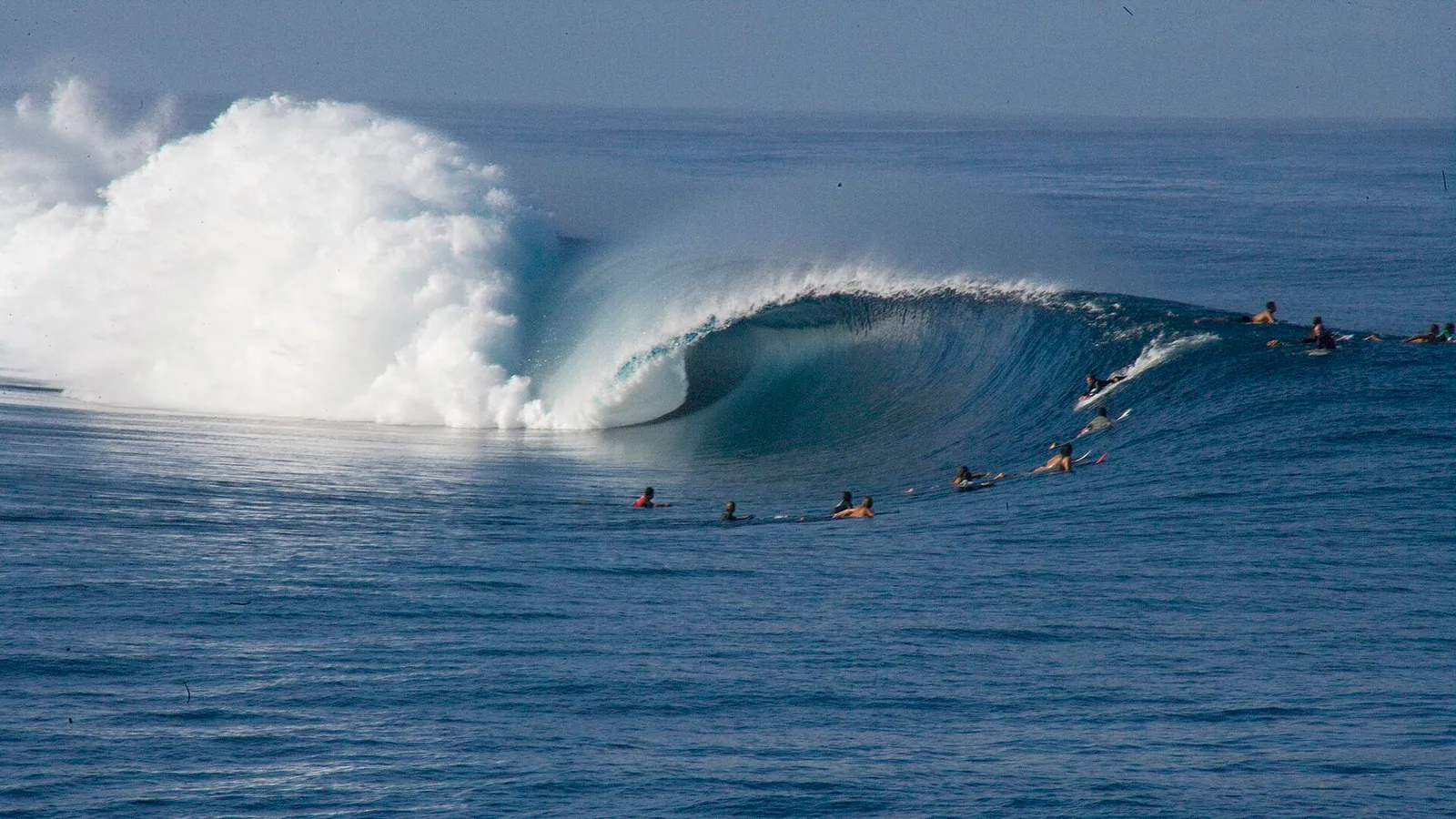 A surfer bottom-turning on a clean wave face with offshore spray feathering off the lip