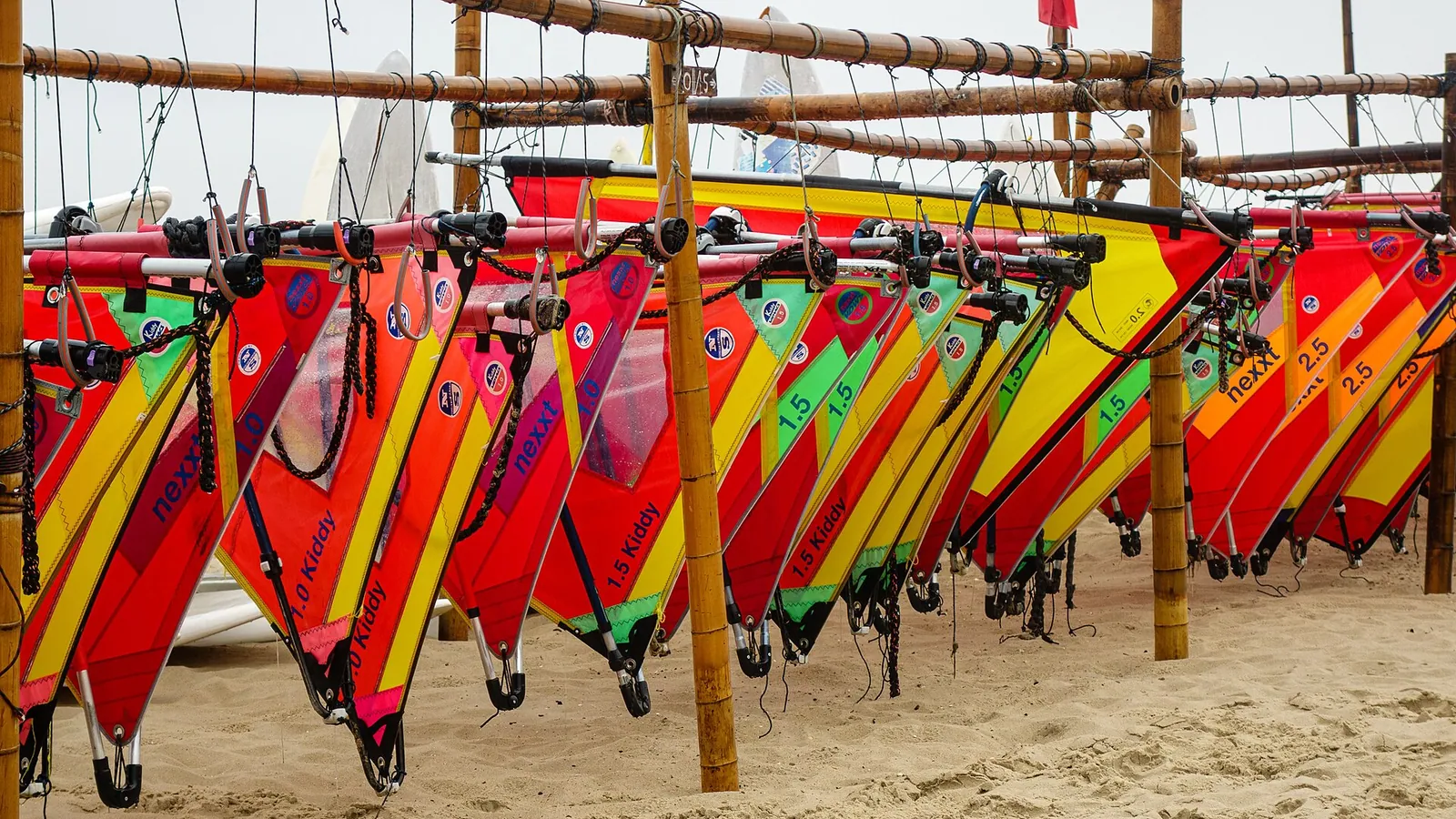 Rows of colourful windsurf sails rigged and racked on a sandy beach, waiting for the wind to fill in