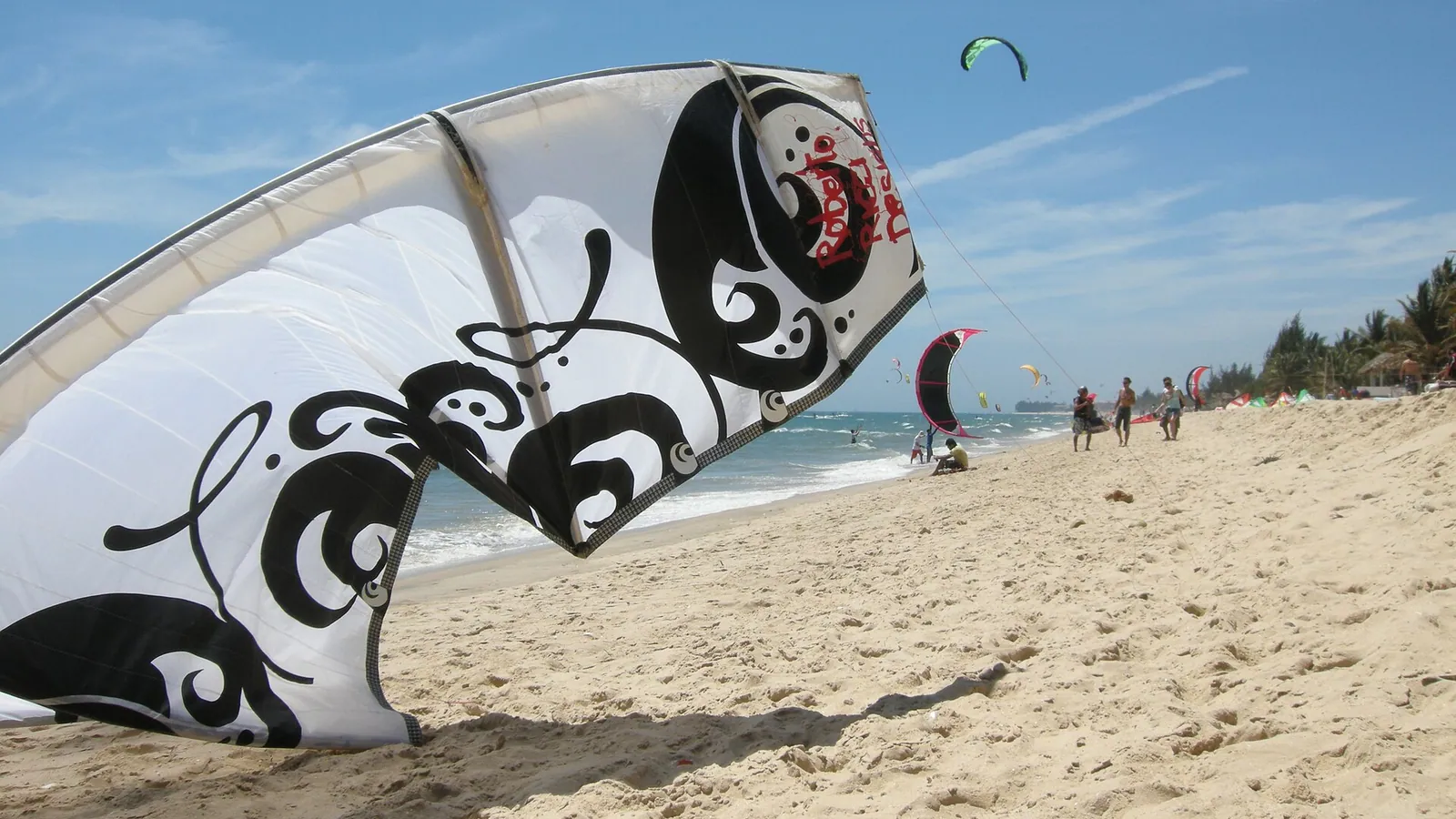 A kitesurfing beach with a kite rigged on the sand and more kites flying over the sea